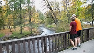 Couple on bridge admiring the stream underneath.